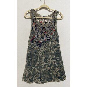 Free People Dress Womens Medium Gray Boho Print Embroidered Sequin Tunic Alpaca